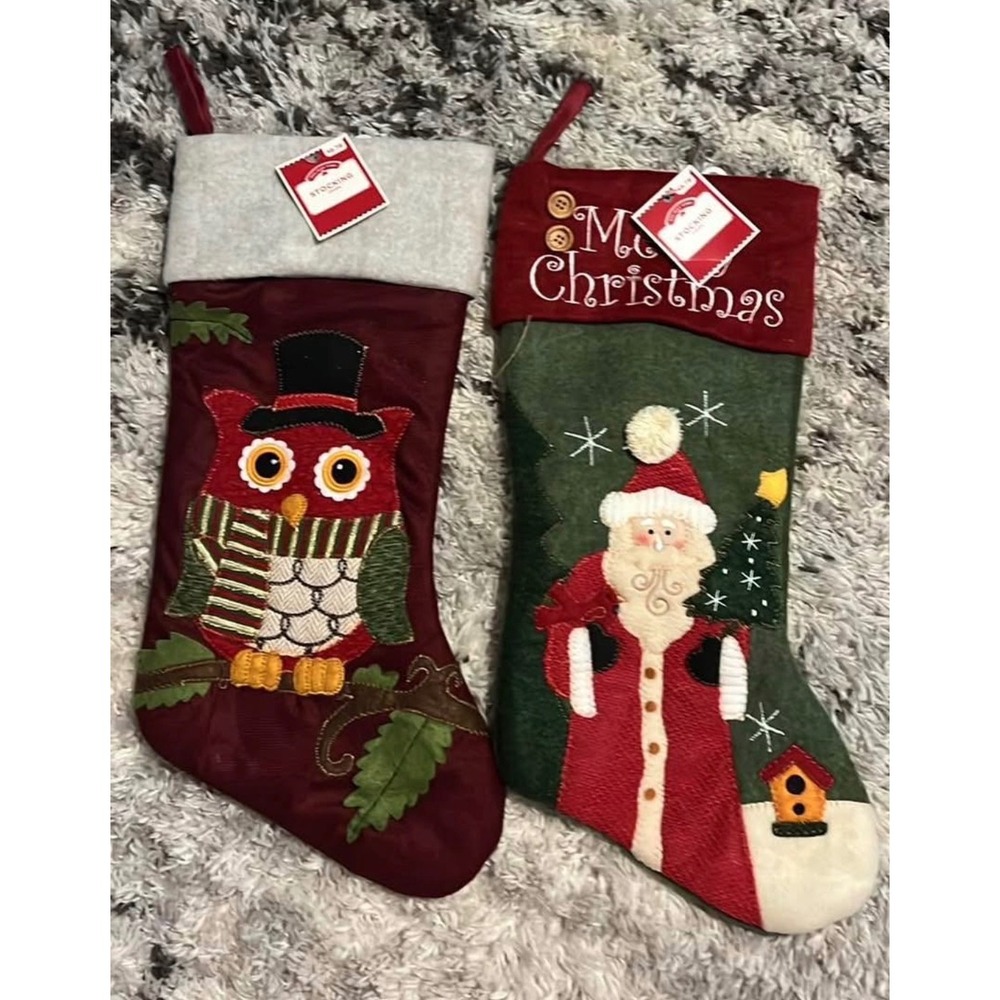 Christmas Stockings Set of 2 Owl and Santa Claus Holiday Decor Red Green New